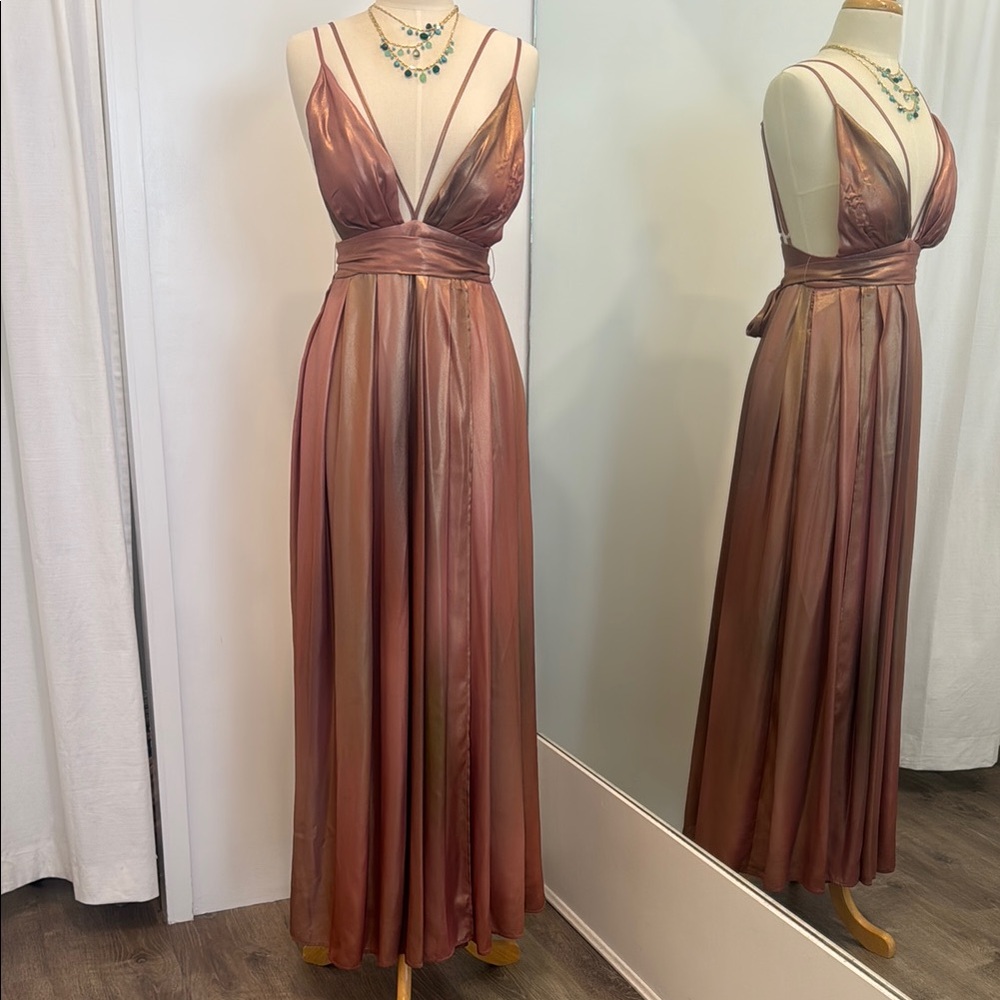 REVOLVE Pink and Gold Pleated Gown for Wedding Guest